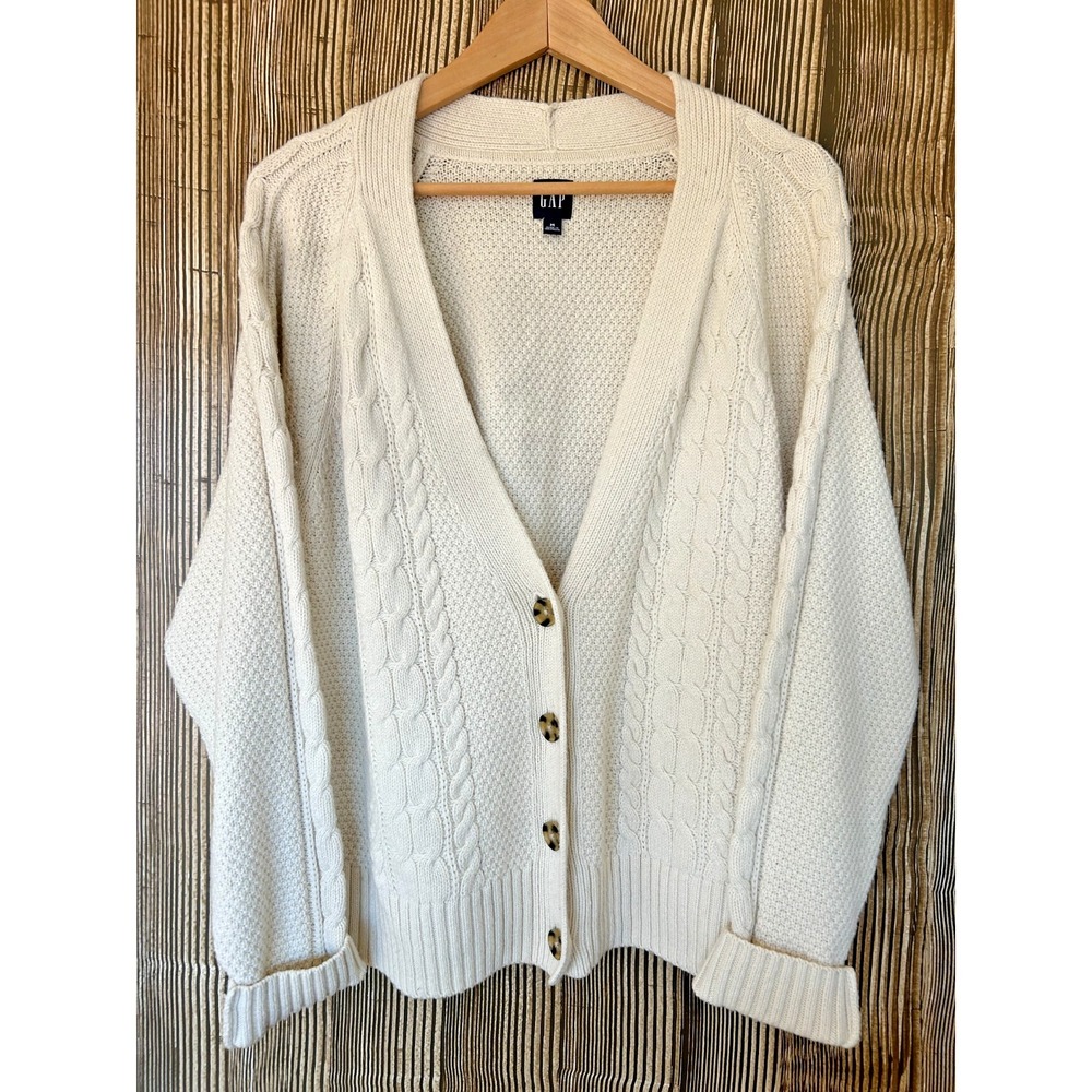 Gap Chunky Fisherman Cardigan Sz M Boxy Cream Cotton Wool Blend Preppy Academic